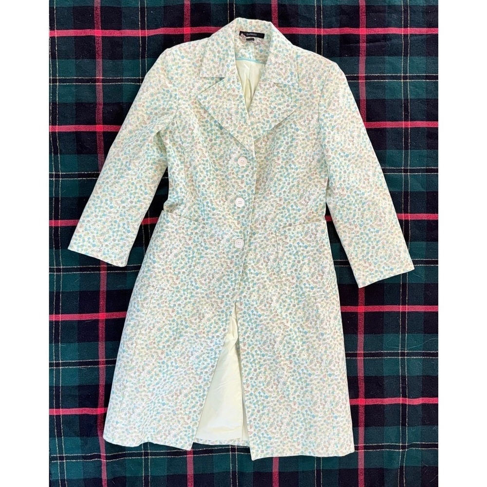 VTG Y2K Express Micro Floral Duster Coat Light Raincoat Pastel Sage Green Small